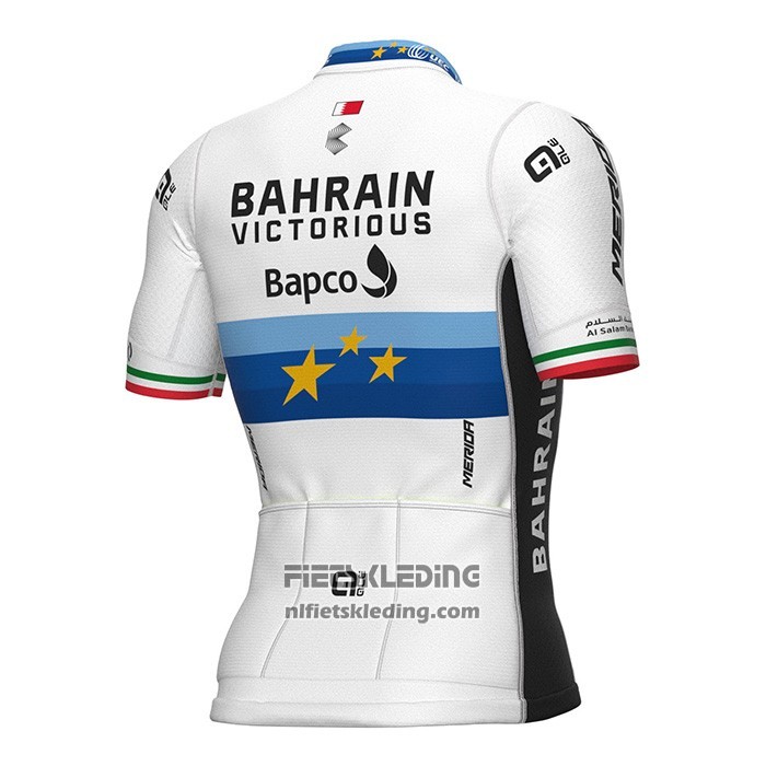 2022 Fietskleding European Champion Bahrain Victorious Blauw Wit Korte Mouwen en Koersbroek